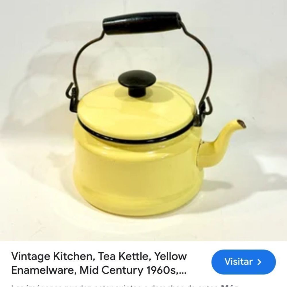 Antique Mid Century Enamelware Metal Teapot Kettle Small Yellow And Back White